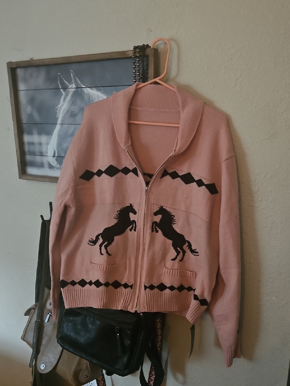 Women's Pink Zip-Front Horse Pattern Sweater